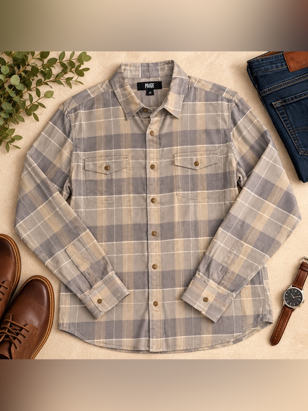 PAIGE Men’s Medium Plaid Button Down Shirt Taupe Gray Double Pocket Western